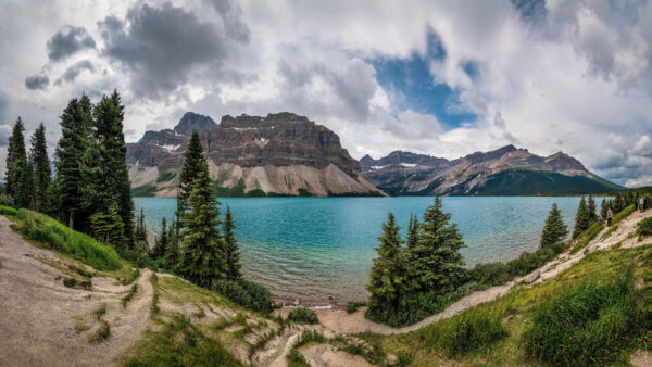 Wallpaper Blue, View, Desktop, Bushes, Under, Lake, Sky, Clouds, Trees, Nature, Mobile, Mountain, Rock, White