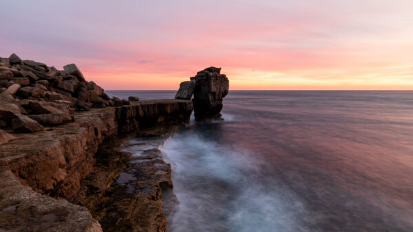 Wallpaper Nature, Rock, Stream, Stones, During, Background, Sunset, Ocean, Silhouette, Water