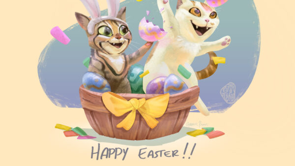 Wallpaper Easter, Basket, Eggs, Cats, Happy