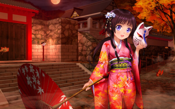 Wallpaper Anime, Kimono, Girl, Umbrella