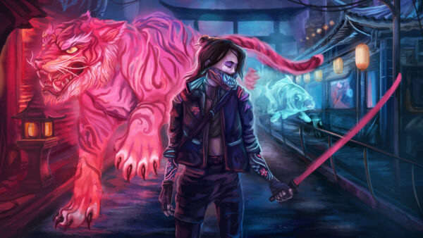 Wallpaper Warrior, Cyberpunk, Tiger, Sword, Woman, 2077, Games, Desktop