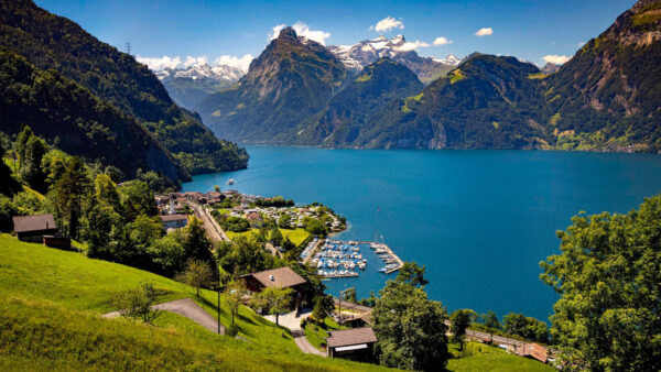 Wallpaper Travel, Village, Lake, Switzerland, Around, Near, Mountain, Panorama, Alps, Desktop