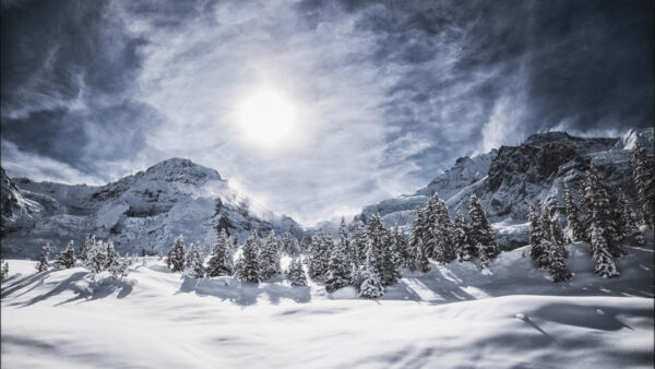 Wallpaper Snow, With, Sun, Under, During, Cloudy, Dark, Sky, And, Mountain, Desktop, Forest, Mobile, Alps, Nature, Winter, Covered