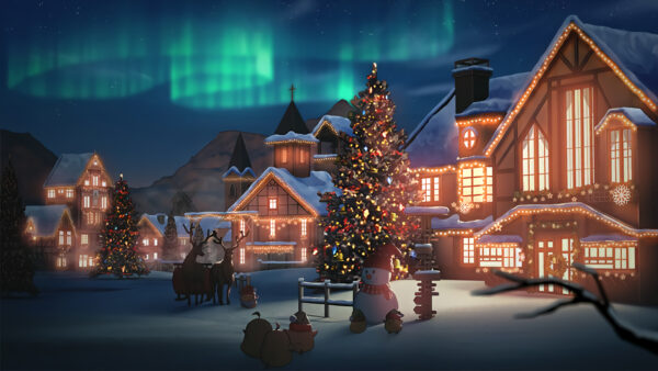 Wallpaper With, Aurora, Christmas, Borealis, House, Tree, Snowman