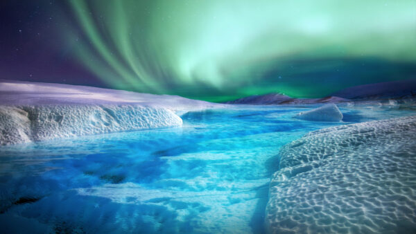 Wallpaper Nature, Ice, Starry, Sky, Under, River, Green, Aurora