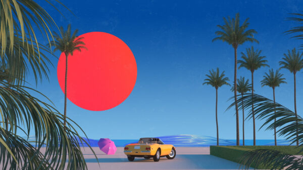 Wallpaper Palm, Pink, Trees, Vaporwave, Yellow, And, Desktop, Umbrella, Car