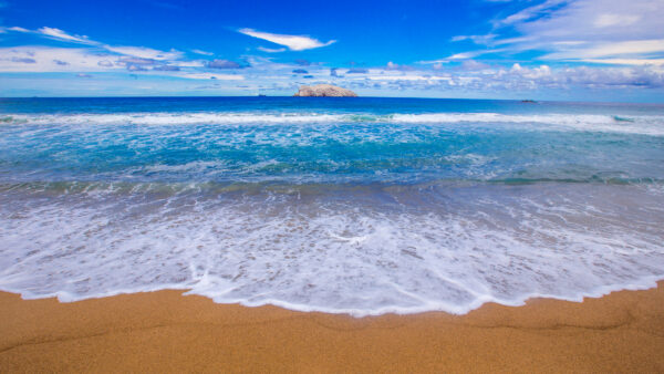 Wallpaper Sky, Mountains, Sand, White, Rock, Clouds, Desktop, Under, Ocean, Landscape, Waves, Mobile, Blue, Beach, View