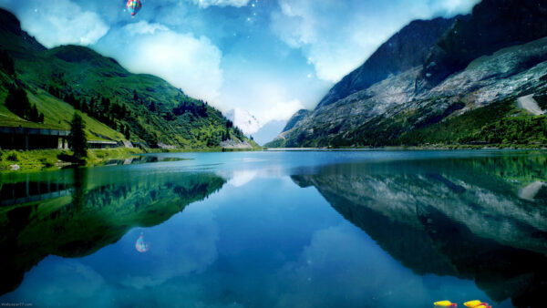 Wallpaper Rocks, Water, Reflection, Mountains, Between, Green, And, Nature, With, Trees, River, Covered