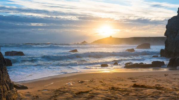 Wallpaper Sand, Rocks, Sunbeam, Beach, Ocean, Waves, Nature, Mountains