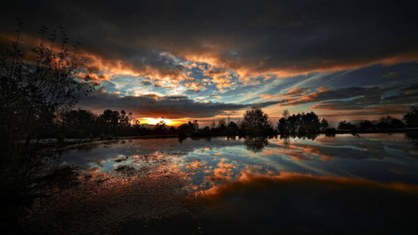 Wallpaper Black, Cloudy, Sky, River, Reflection, Dark