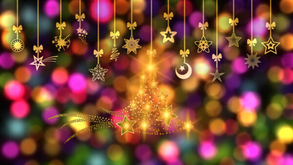 Wallpaper Hanging, Christmas, Desktop, Bokeh, Background, Colorful, Decoration, Glitter, Stars, Mobile, Golden