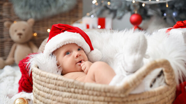 Wallpaper Wearing, Cap, Basket, Child, Claus, Wicker, Baby, Lying, Down, Cute, Inside, Santa