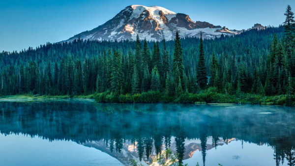Wallpaper Desktop, Nature, Surrounded, Mountain, Reflection, Body, Snow, Trees, Mobile, Near, Water, With, Capped