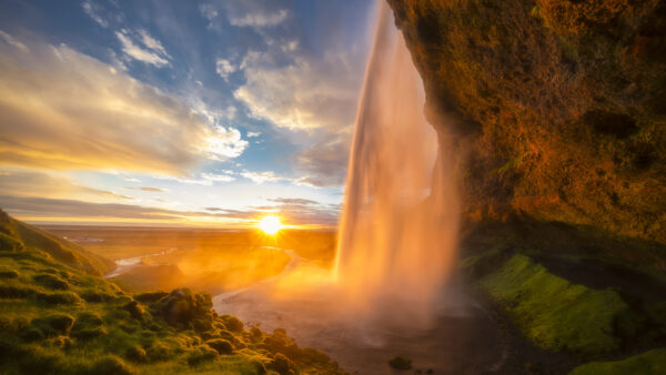 Wallpaper Blue, Sky, Sunrise, Rock, Nature, Under, Cloudy, Desktop, During, Waterfall, From