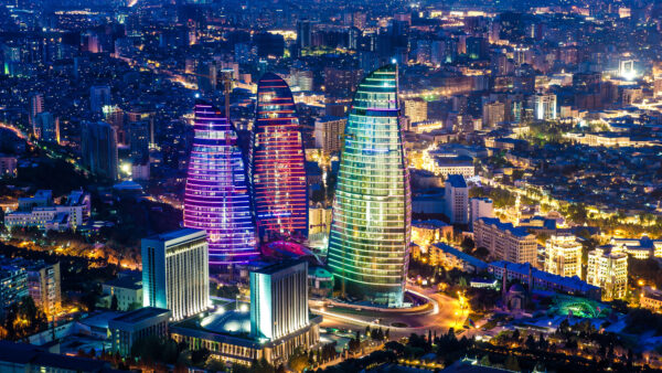 Wallpaper Buildings, Nighttime, Azerbaijan, Travel, Baku, Flame, During, Aerial, Mobile, View, Towers, Desktop