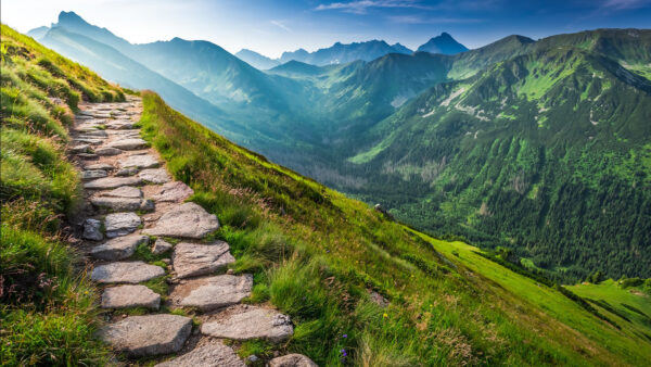 Wallpaper Slope, Path, Landscape, Green, Between, Mountains, Grass, Stone, Greenery, Scenery, View