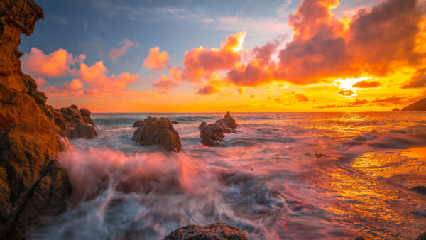 Wallpaper Clouds, Yellow, White, Waves, Reflection, Ocean, Sky, Desktop, Stones, During, Sunset, Under, Mobile, Sea, Rock