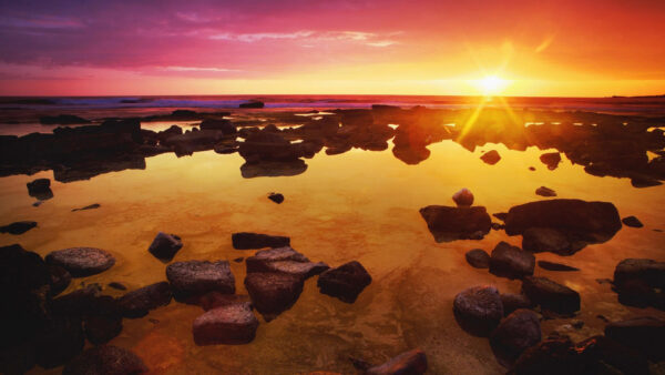 Wallpaper Sky, With, Above, Purple, Stones, Water, Sunrise, During, Yellow, Body, Nature