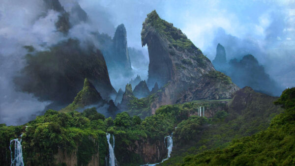 Wallpaper Waterfalls, Trees, Nature, Fog, Sky, Rocks, Green, Blue, Between
