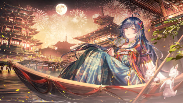 Wallpaper Girl, Anime, Fireworks, Moon