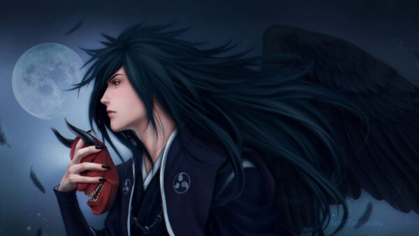 Wallpaper Madara, With, Hair, Uchiha, Sky, Moon, Naruto, Black, Mask, Background, Long