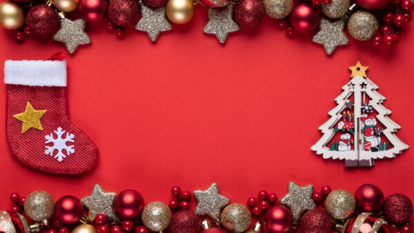 Wallpaper Red, Stars, Claus, Glitter, Santa, Silver, Decoration, Sock, Christmas, Tree, Balls