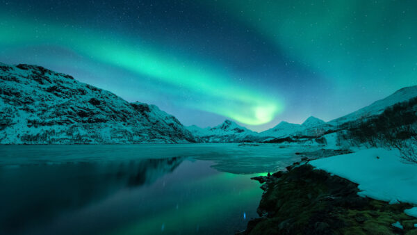 Wallpaper Nature, With, Snow, Borealis, Beautiful, Mountains, Lake, Colorful, Aurora, Sky, Under, Reflection, Starry