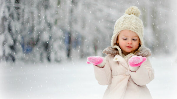 Wallpaper Overcoat, Cap, Standing, And, Falling, Wearing, Cute, Background, Knitted, Snow, Little, Girl, Woolen