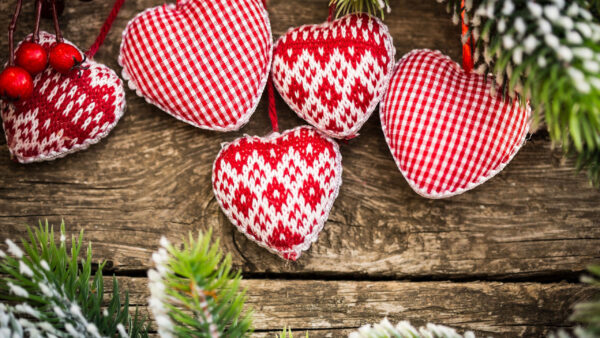 Wallpaper Board, Wood, White, Hearts, Tree, Snow, Red, Christmas