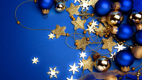 Wallpaper Decoration, Stars, Christmas, Golden, Balls, Blue, Background