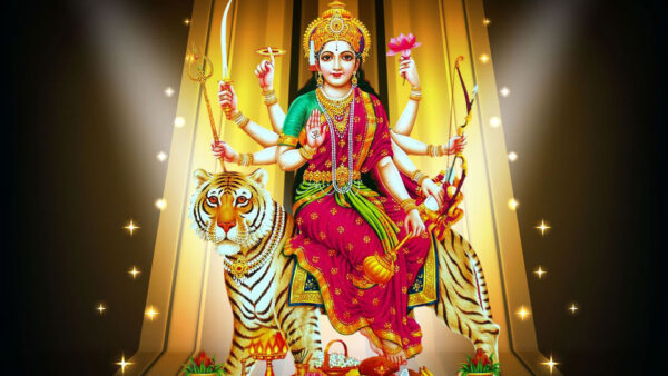 Wallpaper Background, Durga, Lights, Tiger, Sitting, God, Yellow
