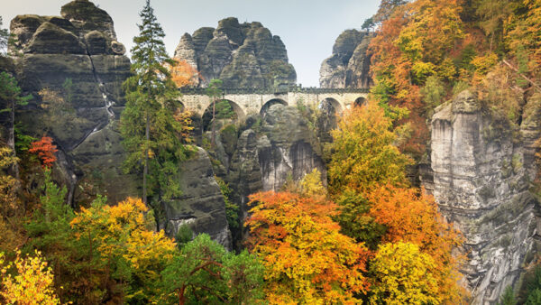 Wallpaper Blue, Mountains, Background, Autumn, Colorful, View, Sky, Rock, Trees, Bridge, Landscape