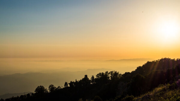 Wallpaper Nature, Blue, With, Under, Trees, Fog, Sunlight, View, Sky, Mountains, Landscape, Forest