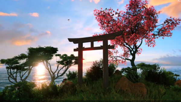 Wallpaper Tree, Desktop, Torii, Sea, Nature, Blue, With, Sky, Sun, Mobile, Under, Rays, Front