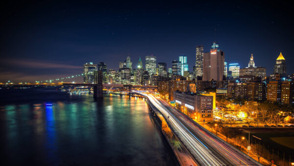 Wallpaper Buildings, Lighting, City, River, Bridge, Night