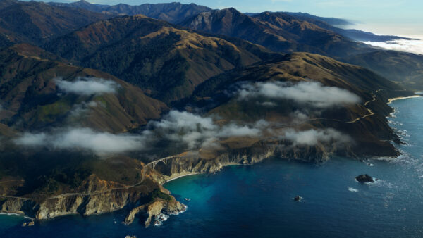 Wallpaper Ocean, Fog, With, Surrounded, Mountains, Covered, Nature