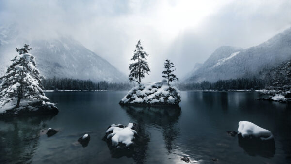 Wallpaper Forest, Mountains, Under, Lake, Nature, Sky, Desktop, Cloudy, Frozen, White, Mobile
