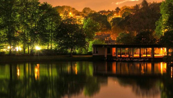 Wallpaper Resort, Body, Surrounded, Lights, With, Trees, Reflection, Beautiful, Water