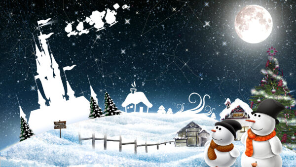 Wallpaper Castle, Background, Snow, Moon, Christmas, Sky, Decorated, Snowmen, Tree