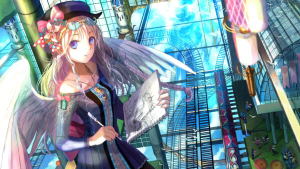 Wallpaper Hair, Girl, Painting, Book, Eyes, Anime, Braided, Background, Purple, Building, White