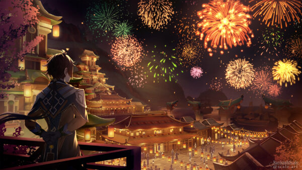 Wallpaper Dark, Genshin, Background, Fireworks, Impact, Zhongli