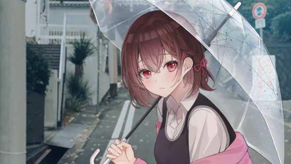 Wallpaper Anime, Umbrella, Girl, White, Red, With, Uniform, Eyes, Under