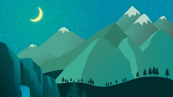 Wallpaper Moon, Waterfall, Starry, Trees, Minimalism, Mountains, Background, Sky