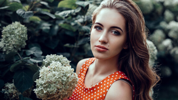 Wallpaper Model, Wearing, Plants, Dress, Orange, Eyes, Girl, Dots, Grey, Girls, Background, Flowers, Standing, White