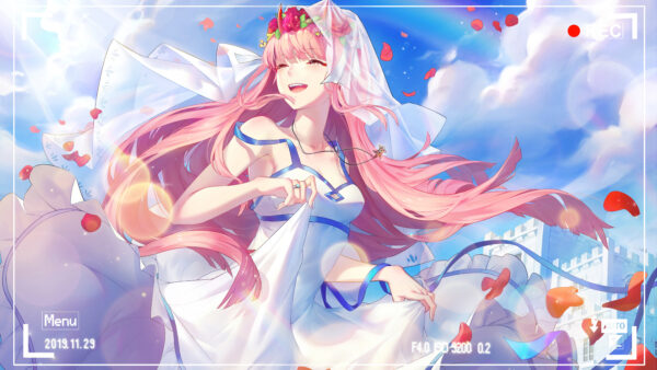 Wallpaper Two, Zero, Clouds, Dress, Wearing, Darling, FranXX, Anime, Wedding, The, And, Blue, Sky, Background, With