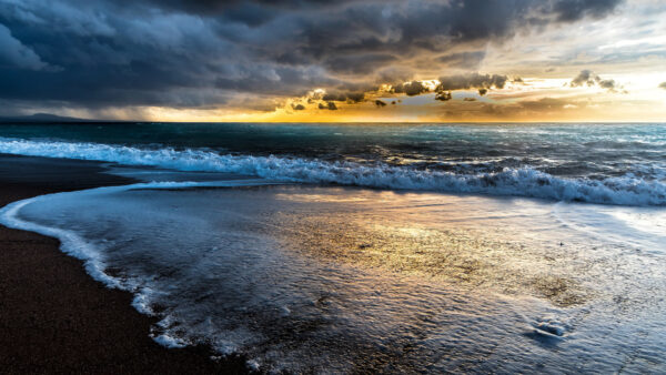 Wallpaper With, Desktop, Clouds, Shore, During, Waves, Under, Nature, Sunset, Sea