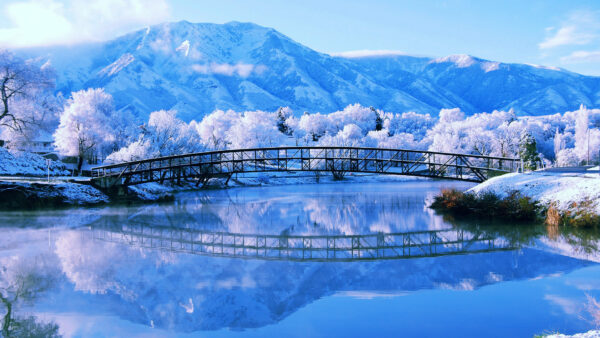 Wallpaper Water, Desktop, Mountains, Trees, Bridge, Winter, Body, And, With, Reflection, Between, Covered, White