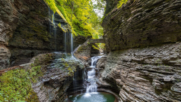Wallpaper Desktop, With, Waterfall, Nature, Between, Bridge, Rock