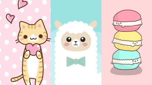 Wallpaper Desktop, Cat, Macarons, Kawaii, Cartoon