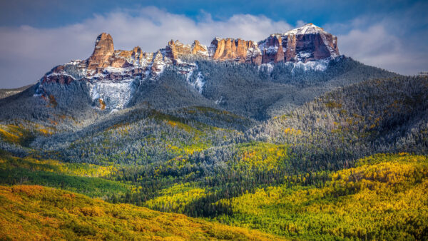 Wallpaper Yellow, Desktop, Rock, White, Trees, Autumn, Snow, Background, Blue, Nature, Fall, Slope, Sky, Green, Mobile, Clouds, Mountains